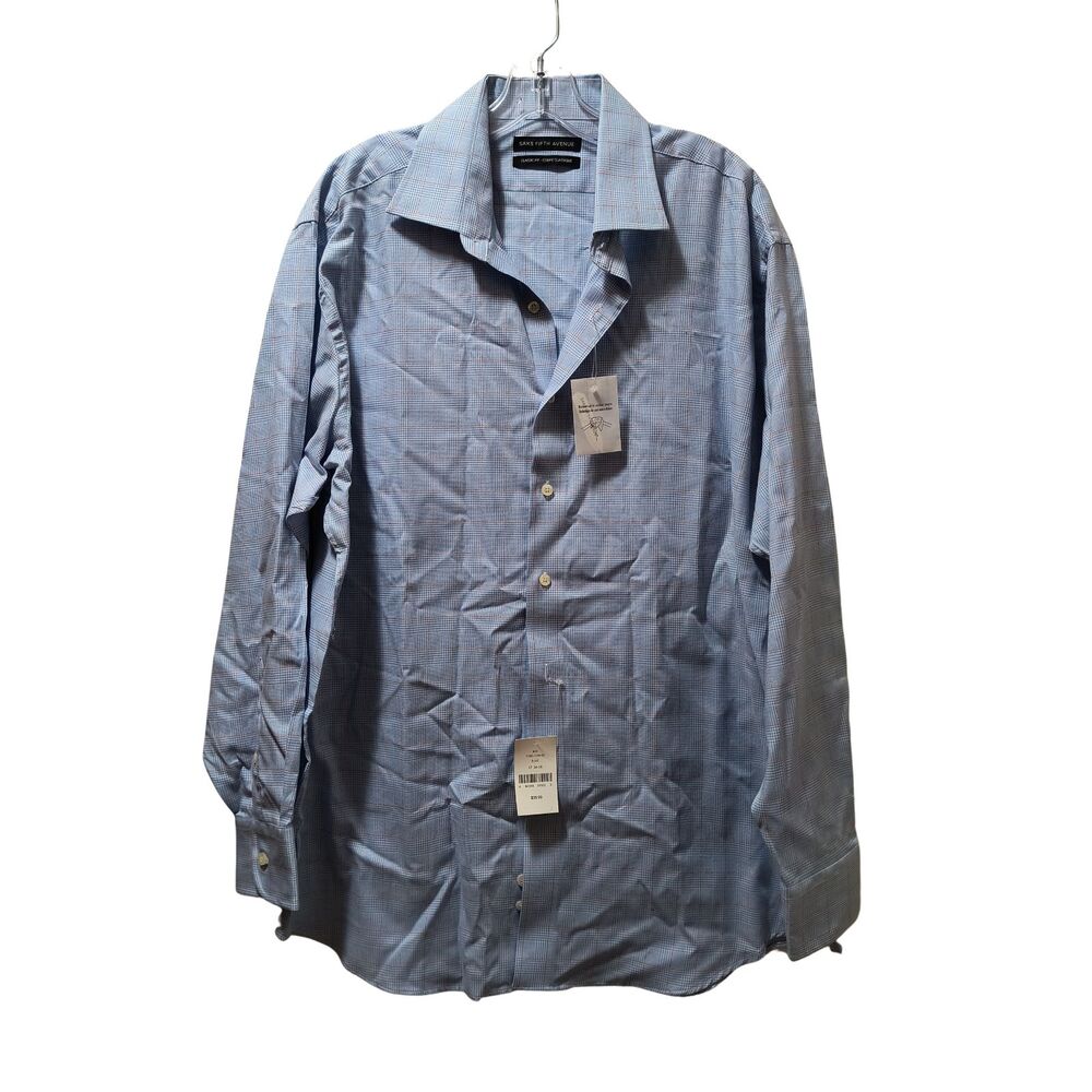 Saks Fifth Avenue Dress Shirt Men’s 17 (34/35) Blue Plaid Classic Fit Button-Up